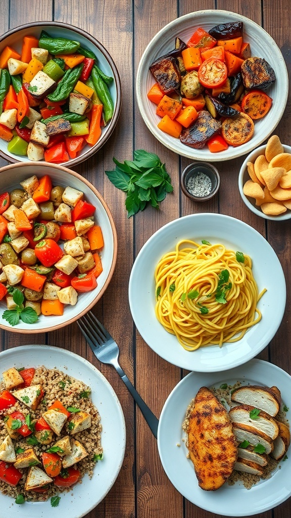 Simple and Quick Recipes for Everyday Cooking A collection of simple and quick meals including stir-fry, pasta, and grilled chicken on a wooden table.